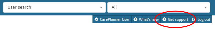 Screenshot of CarePlanner menu with the get support link highlighted.